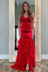 Chic Yellow Spaghetti Straps Keyhole Back Satin Prom Dress with Ruffle Skirt