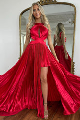 Stylish Red A-Line Criss-Cross Back Long Pleated Satin Prom Dress With Leg Slit