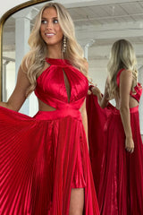 Stylish Red A-Line Criss-Cross Back Long Pleated Satin Prom Dress With Leg Slit
