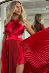 Stylish Red A-Line Criss-Cross Back Long Pleated Satin Prom Dress With Leg Slit