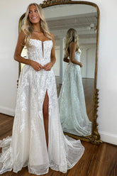 White A-Line Spaghetti Straps Lace Up long Prom Dress with Slit and Appliques