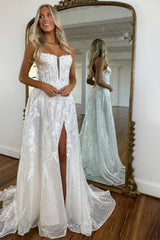 White A-Line Spaghetti Straps Lace Up long Prom Dress with Slit and Appliques