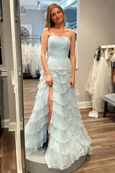 A-Line Strapless Long Glitter Tulle Prom Dress With Ruffled Sequin Trim Skirt