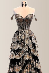 Attractive A-Line Off The Shoulder Long Tiered Prom Dress with Sequined Appliques