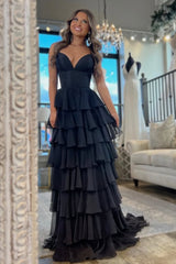Black A-Line Spaghetti Straps Long Layered Tulle Prom Dress With Leg Slit
