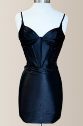 Black Bodycon Spaghetti Straps Short Satin Homecoming Dress With Appliques
