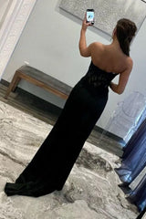 Black Chic Sweetheart Mermaid Long Satin Prom Dress with Slit