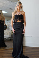 Chic Black Mermaid Halter Neck Long Satin Prom Dress with 3D Flower