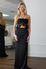 Chic Black Mermaid Halter Neck Long Satin Prom Dress with 3D Flower