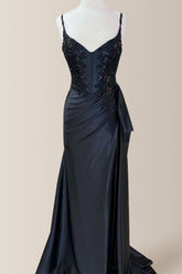 Black Mermaid Spaghetti Straps Long Satin Formal Dress With Appliques and Slit