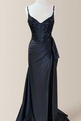 Black Mermaid Spaghetti Straps Long Satin Formal Dress With Appliques and Slit