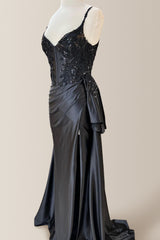 Black Mermaid Spaghetti Straps Long Satin Formal Dress With Appliques and Slit