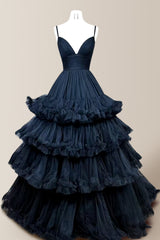 Black Stunning A-Line Spaghetti Straps Long Layered Tulle Prom Dress