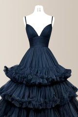 Black Stunning A-Line Spaghetti Straps Long Layered Tulle Prom Dress