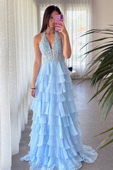 Blue A-Line Halter Neck Lace Top Long Tiered Chiffon Prom Dress With Slit