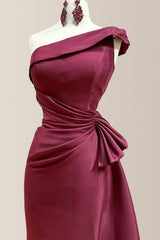 Burgundy Mermaid One Shoulder Long Satin Formal Dress with Pleating