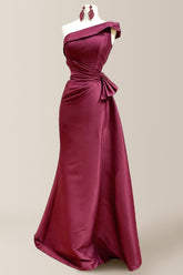 Burgundy Mermaid One Shoulder Long Satin Formal Dress with Pleating