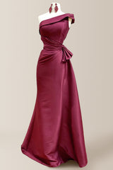 Burgundy Mermaid One Shoulder Long Satin Formal Dress with Pleating