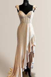 Champagne Mermaid Cap Sleeves Long Beaded Prom Dress with Ruffle Slit