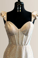 Champagne Mermaid Cap Sleeves Long Beaded Prom Dress with Ruffle Slit