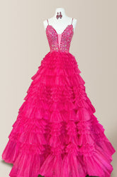 Charming Pink A-Line Spaghetti Straps Long Tulle Prom Dress with Sequin