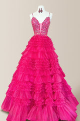 Charming Pink A-Line Spaghetti Straps Long Tulle Prom Dress with Sequin