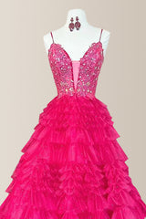 Charming Pink A-Line Spaghetti Straps Long Tulle Prom Dress with Sequin