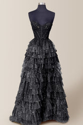 Charming Black A-Line Sweetheart Long Sparkly Layered Tulle Prom Dress