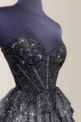 Charming Black A-Line Sweetheart Long Sparkly Layered Tulle Prom Dress
