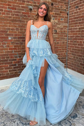 Charming Light Blue A-Line Spaghetti Straps Long Tulle Prom Dress With Appliques