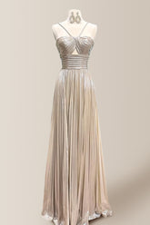 Chic A-Line Halter Neck Long Pleated Metallic Prom Dress