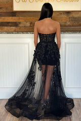 Chic Black A-Line Sweetheart Zipper Back Long Tulle Prom Dress with Appliques
