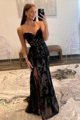 Chic Black Strapless Mermaid Sweep Train Lace Up Prom Dress With Appliques