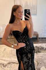 Chic Black Strapless Mermaid Sweep Train Lace Up Prom Dress With Appliques