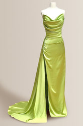 Chic Green Mermaid Strapless Long Satin Formal Dress with Slit