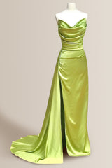 Chic Green Mermaid Strapless Long Satin Formal Dress with Slit