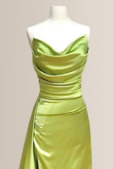 Chic Green Mermaid Strapless Long Satin Formal Dress with Slit