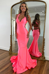 Chic Pink Mermaid Cross Back Long Satin Prom Party Dress