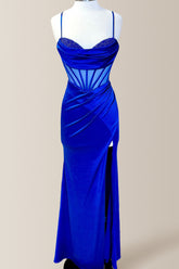 Chic Royal Blue Mermaid Spaghetti Straps Long Satin Formal Dress with Slit