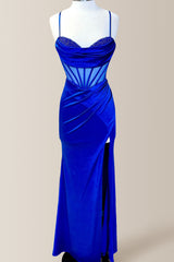 Chic Royal Blue Mermaid Spaghetti Straps Long Satin Formal Dress with Slit