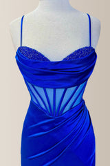 Chic Royal Blue Mermaid Spaghetti Straps Long Satin Formal Dress with Slit