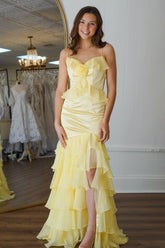 Chic Yellow Spaghetti Straps Keyhole Back Satin Prom Dress with Ruffle Skirt