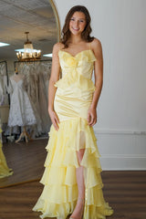 Chic Yellow Spaghetti Straps Keyhole Back Satin Prom Dress with Ruffle Skirt