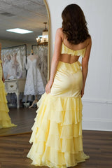 Chic Yellow Spaghetti Straps Keyhole Back Satin Prom Dress with Ruffle Skirt