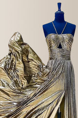 Chic A-Line Halter Neck Long Pleated Metallic Prom Dress