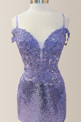 Chic Purple Spaghetti Straps Short Tight Sequin Homecoming Dress With Appliques
