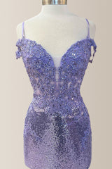 Chic Purple Spaghetti Straps Short Tight Sequin Homecoming Dress With Appliques