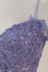 Chic Purple Spaghetti Straps Short Tight Sequin Homecoming Dress With Appliques