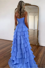 Cute A-Line Sweetheart Zipper Back Tiered Chiffon Prom Dress with Slit