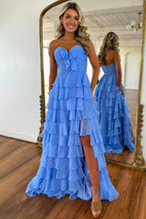 Cute A-Line Sweetheart Zipper Back Tiered Chiffon Prom Dress with Slit